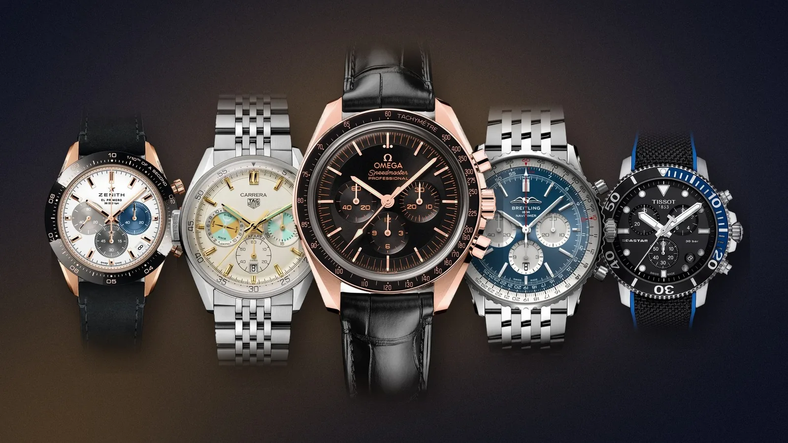 Five chronographs on navy, led by the Omega Speedmaster Professional, with Zenith, TAG Heuer, Breitling and Tissot