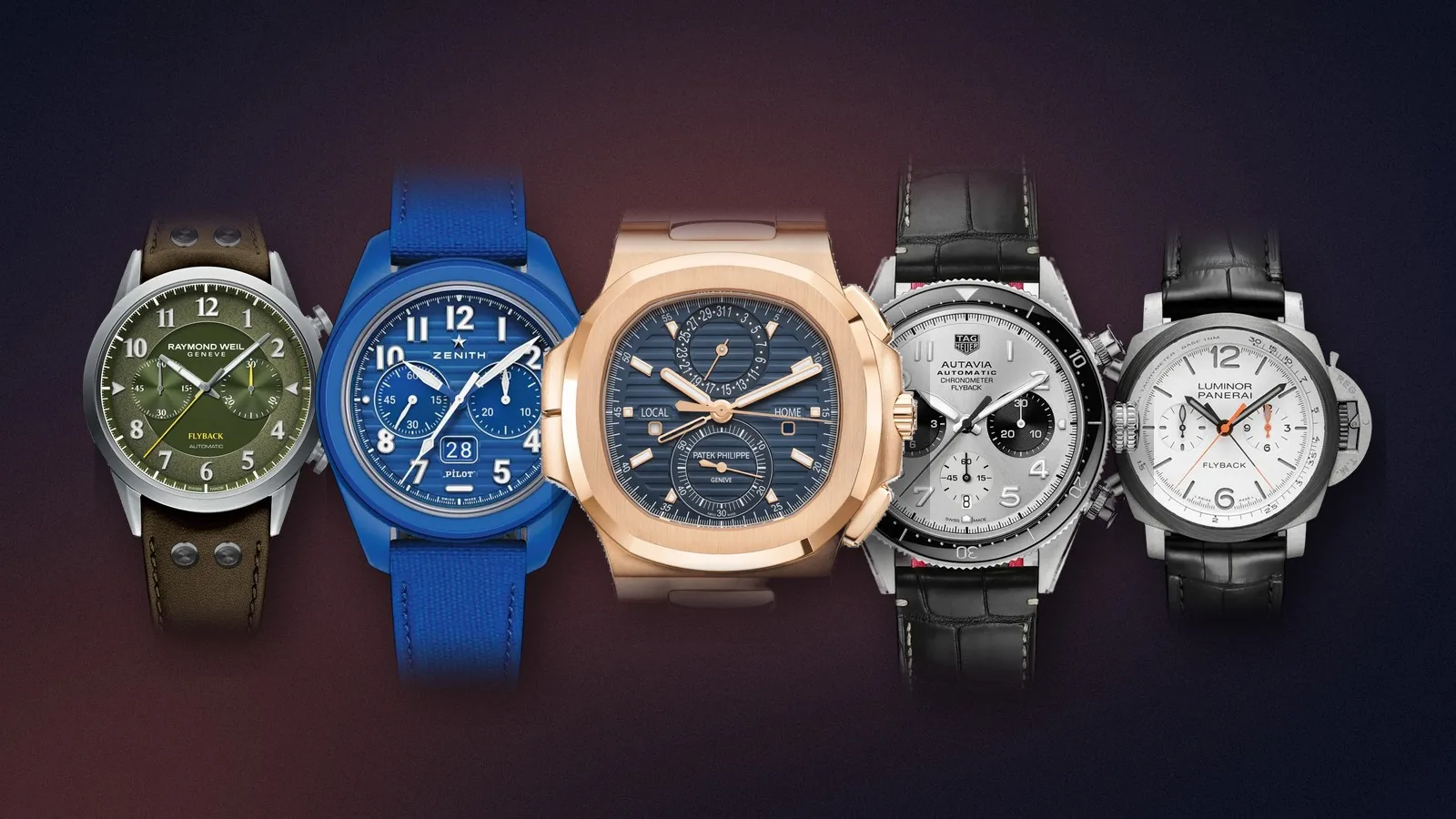 Five flyback chronographs on navy, led by the Patek Philippe 5990/1R, with Raymond Weil, Zenith, TAG Heuer and Panerai