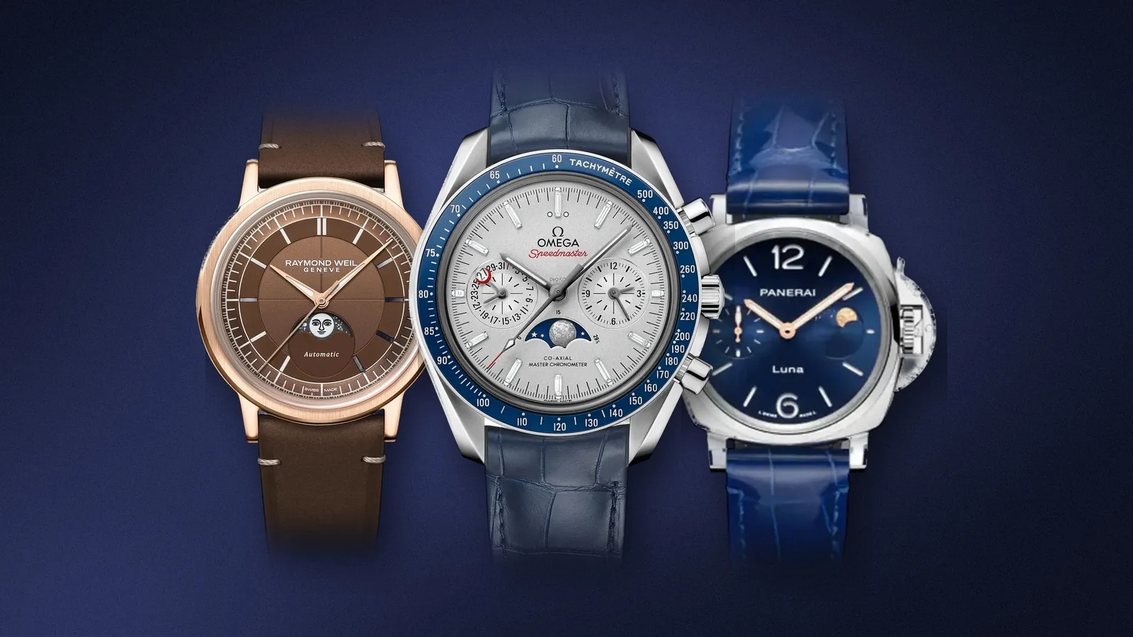 Three moon phase watches on navy: Omega Speedmaster Moonphase, Raymond Weil Millesime and Panerai Luminor Due Luna