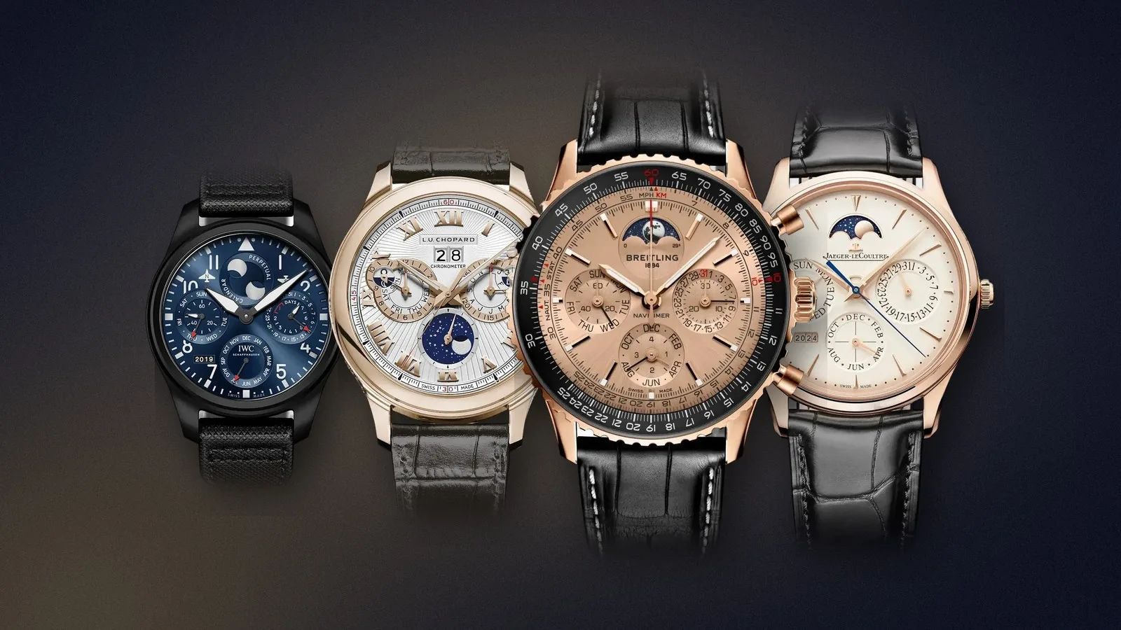 Four perpetual calendars on navy, led by the Breitling Navitimer B19, with IWC, Chopard and Jaeger-LeCoultre
