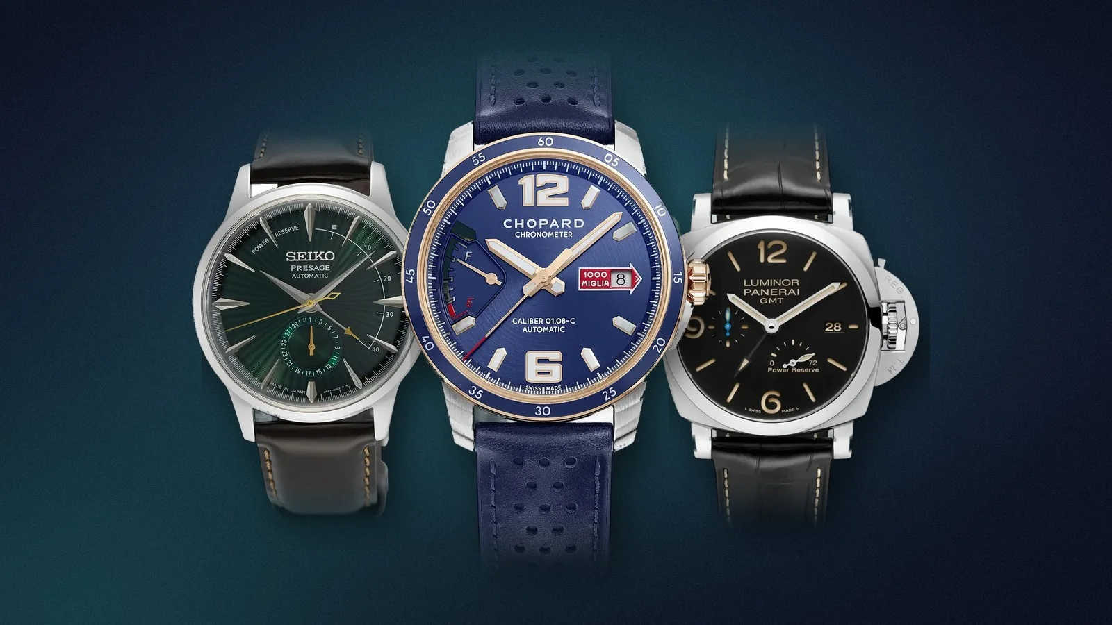 Three watches with a power reserve indicator on navy: Seiko Presage, Chopard Mille Miglia and Panerai Luminor
