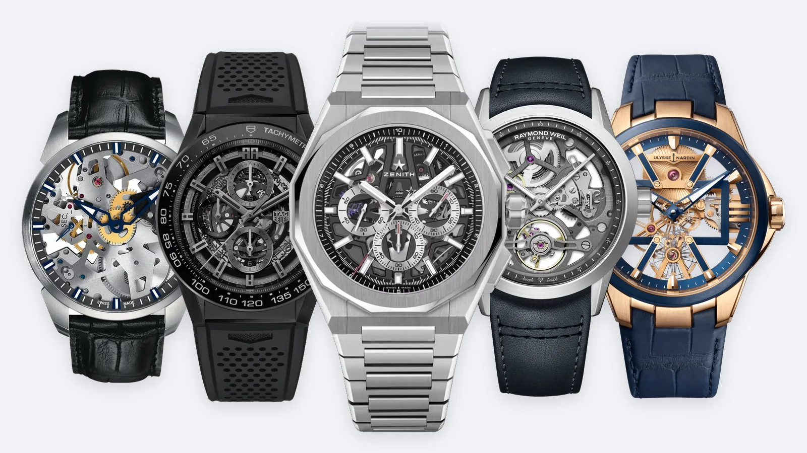 Five skeleton watches on a light grey background, led by the Zenith Defy Skyline, with Tissot, TAG Heuer, Raymond Weil and Ulysse Nardin