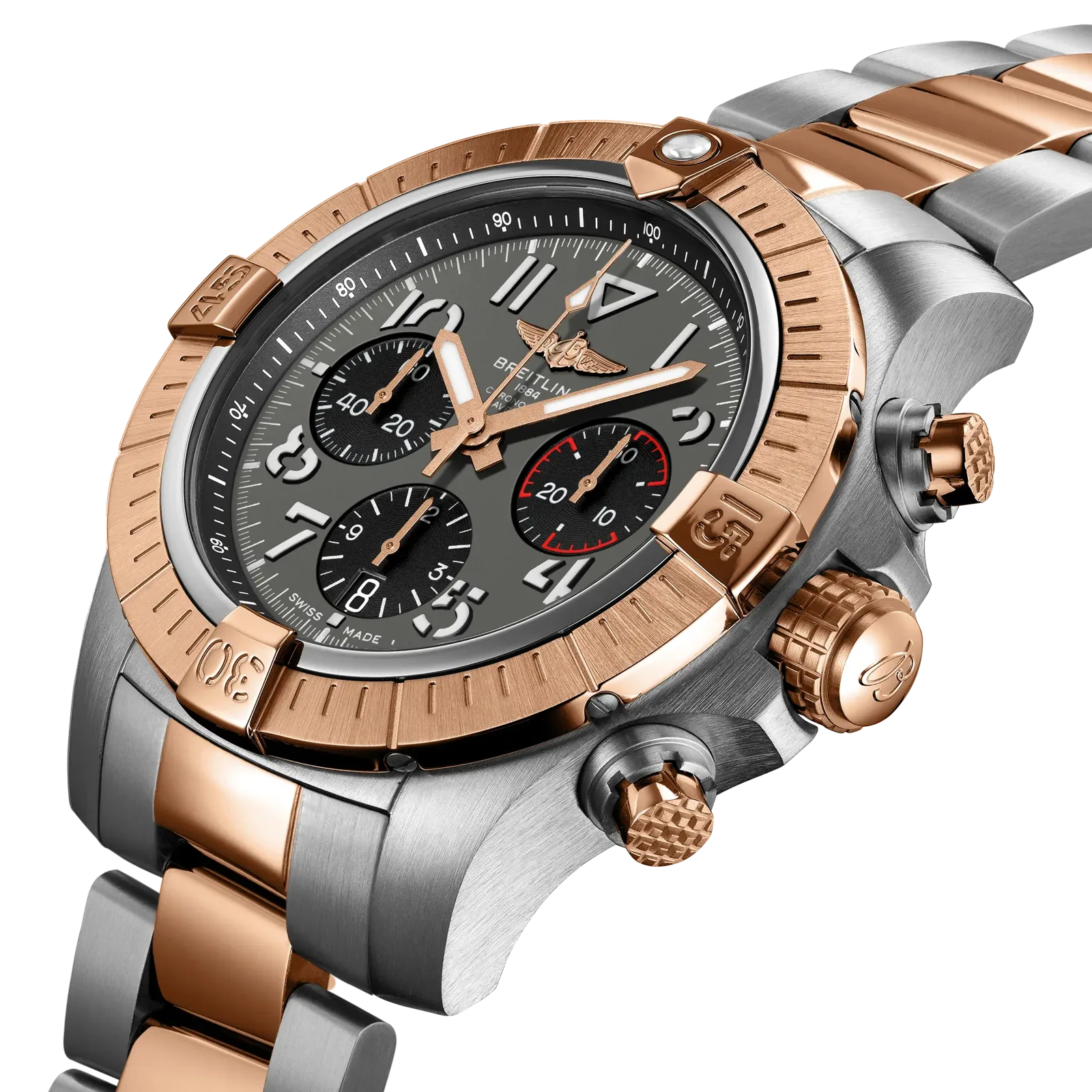 Breitling Avenger B01 Chronograph 45 UB0182, reference UB01821A1B1U1, grey dial, rose gold and stainless steel case