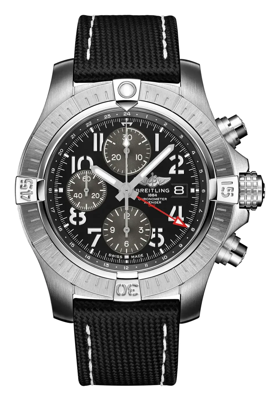 Breitling Avenger Chronograph GMT 45, reference A24315101B1X1, black dial, stainless steel case