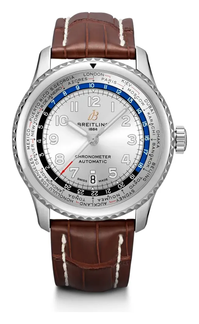 Breitling Aviator 8 B35 Automatic Unitime 43, reference AB3521U01G1P1, silver dial, stainless steel case