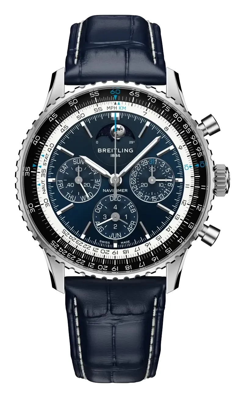 Breitling Navitimer B19 Chronograph 43 Perpetual Calendar, reference LB19211A1C1P1, blue dial, platinum case