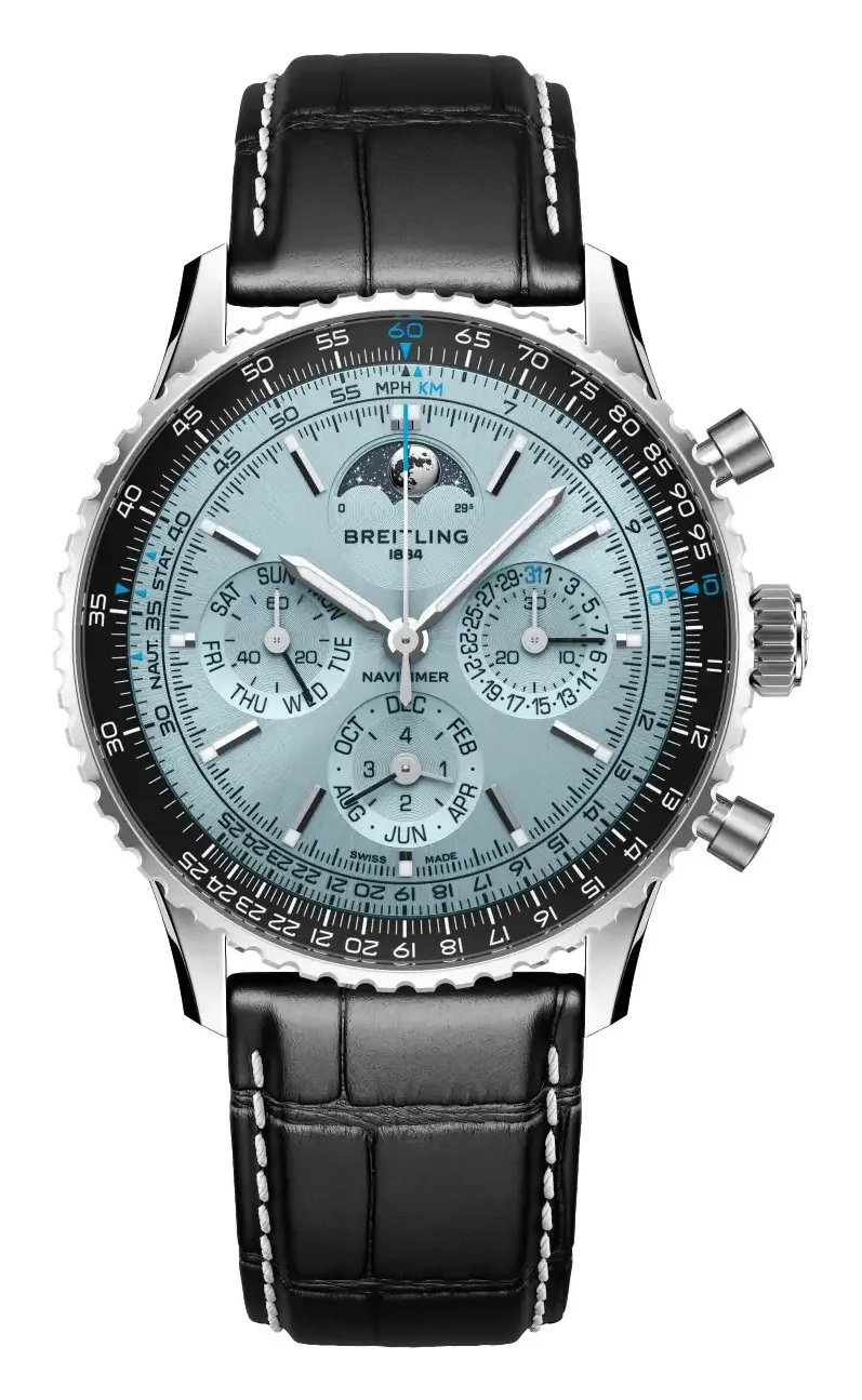 Breitling Navitimer B19 Chronograph 43 Perpetual Calendar Stainless, reference PB1920251C1P1, blue dial, platinum and stainless steel case