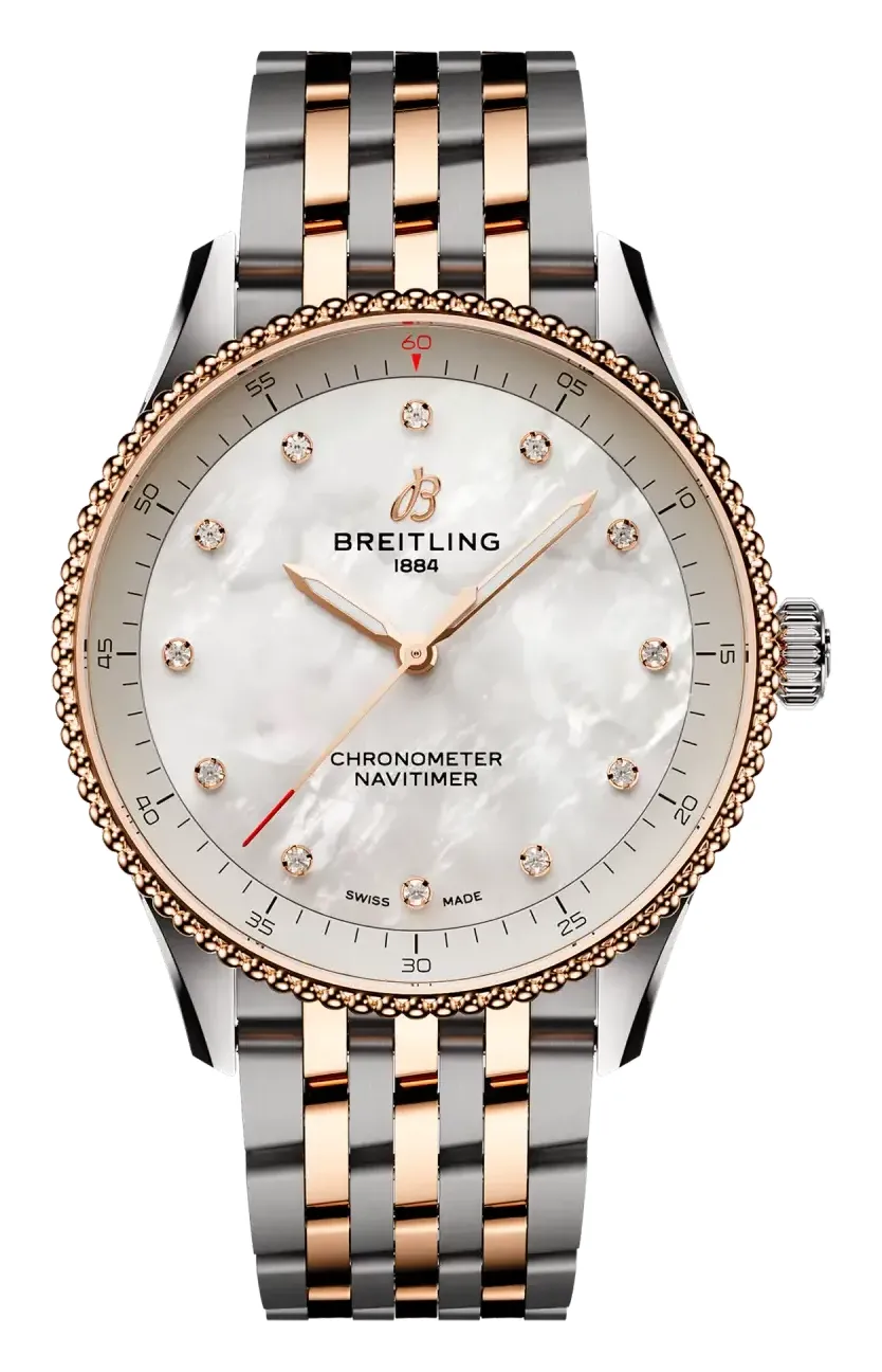 Breitling Navitimer Quartz 32 Stainless, reference U77320E61A1U1, rose gold and stainless steel case