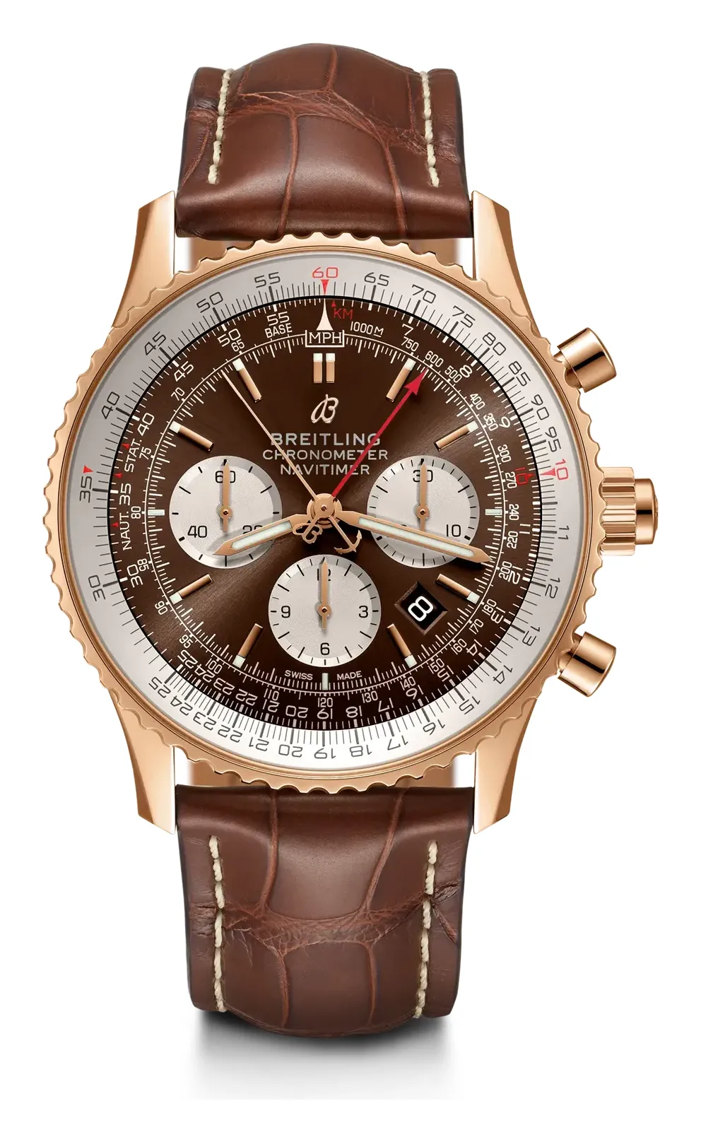 Breitling Navitimer Rattrapante RB0311, reference RB0311211Q1P1, brown dial, rose gold case