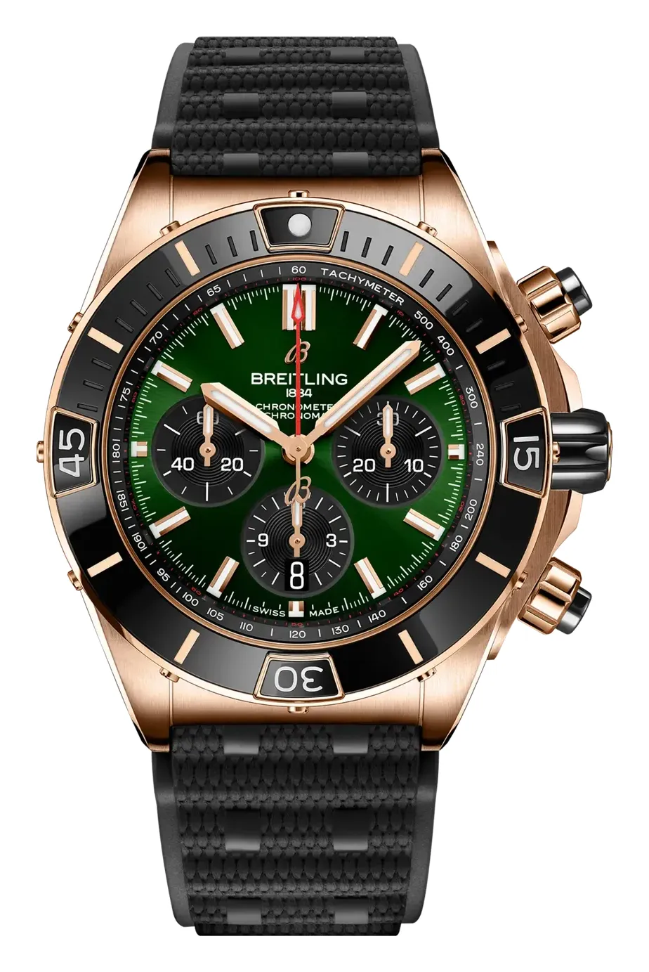 Breitling Super Chronomat B01 44 RB0136, reference RB01361A1L1S1, green dial, ceramic and rose gold case