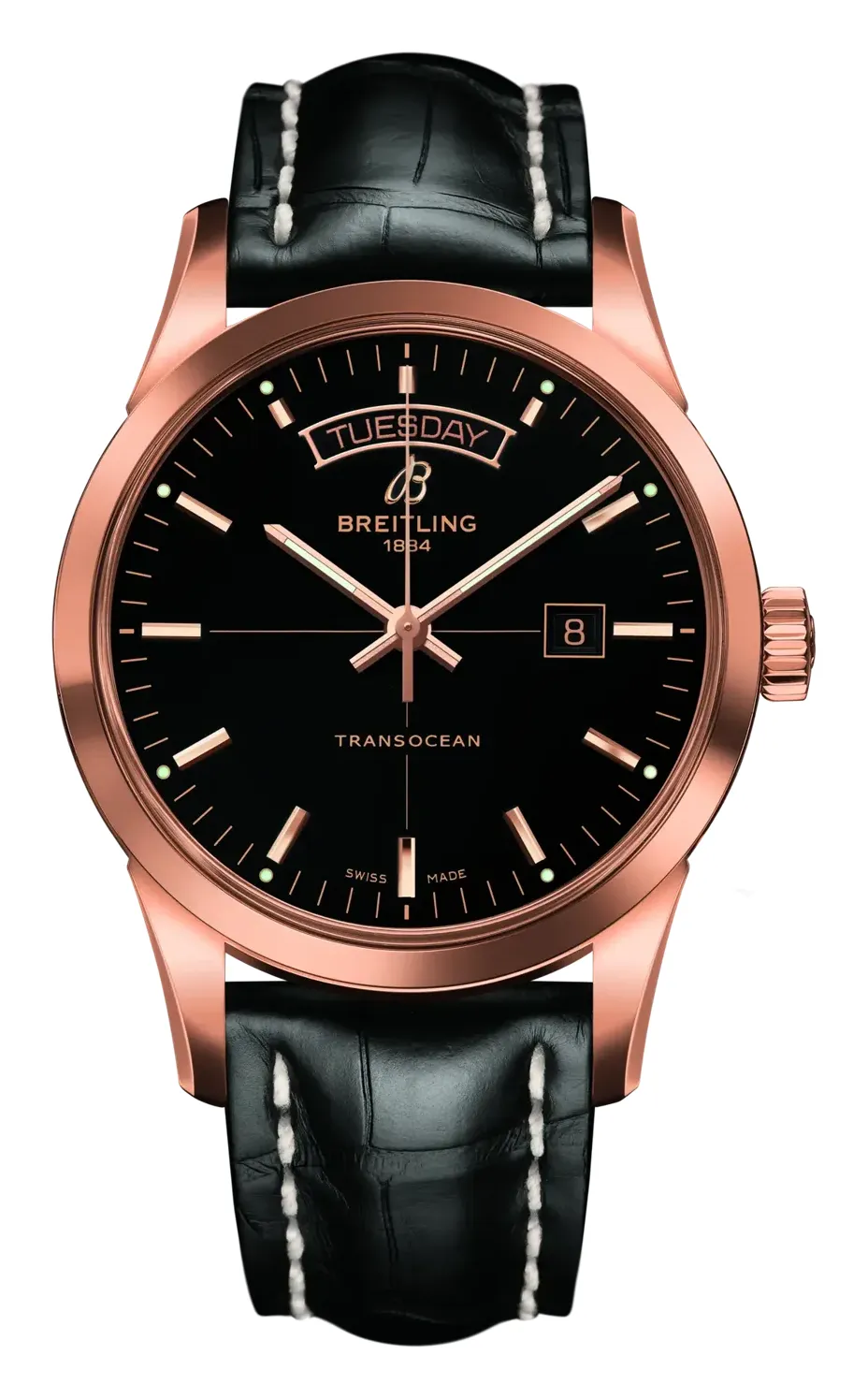 Breitling Transocean Day & Date R45310, reference R45310121B1P1, black dial, rose gold case