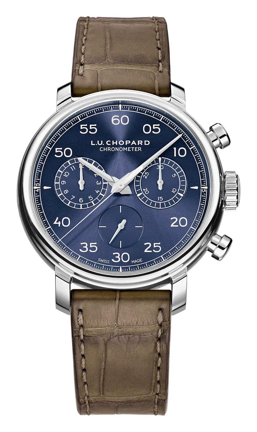 Chopard L.U.C 1963 Heritage Chronograph, reference 168556-3003, blue dial, stainless steel case