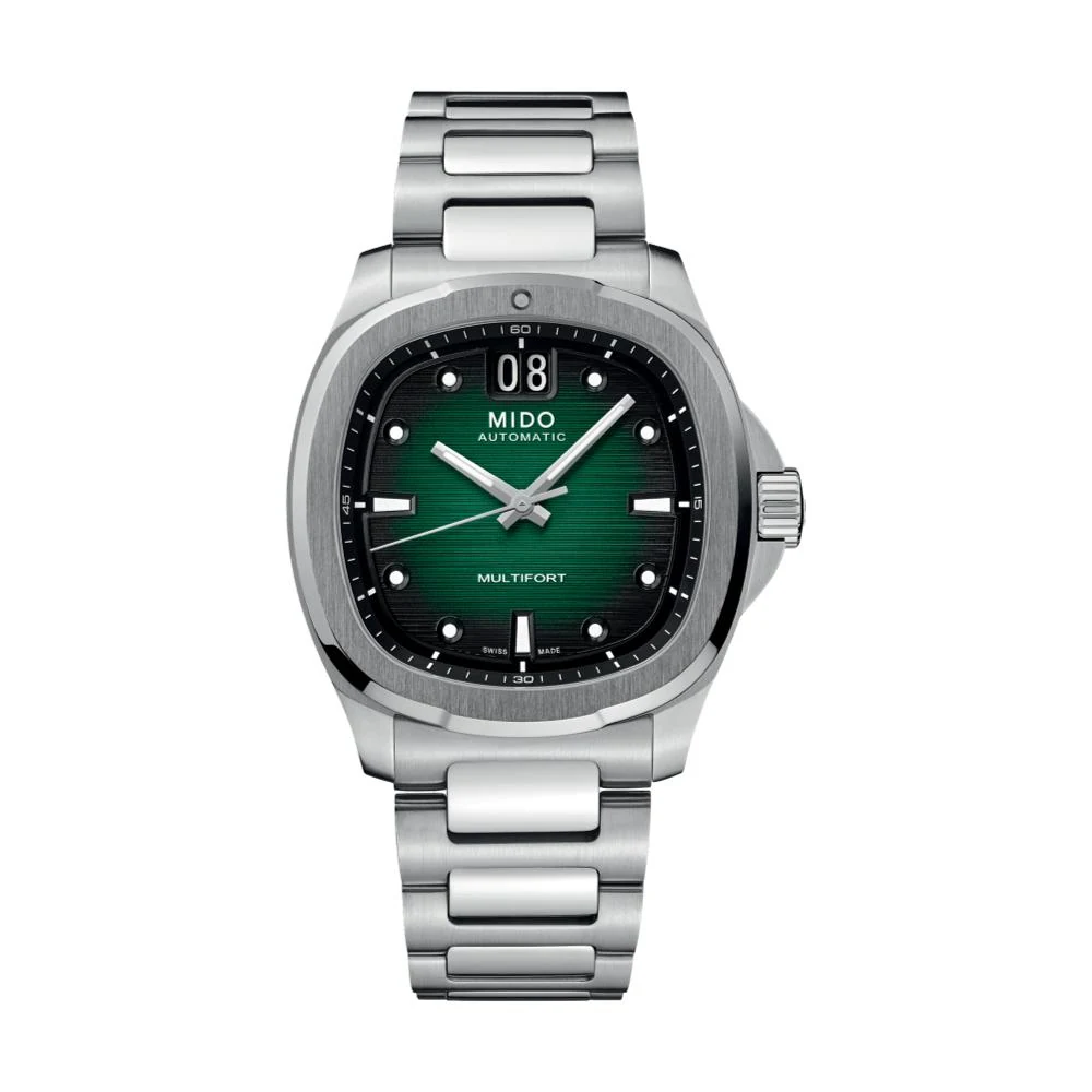 Mido Multifort TV Big Date, reference M049.526.11.091.00, green dial, stainless steel case