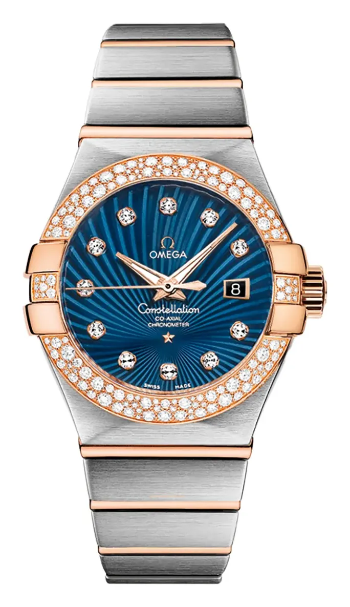 Omega Constellation Co-Axial 31 123.25.31.20, reference 123.25.31.20.53.001, blue dial, stainless steel and rose gold case