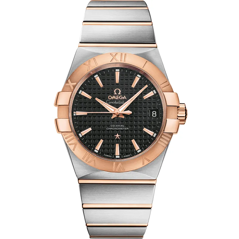 Omega Constellation Co-Axial 38 123.20.38.21, reference 123.20.38.21.01.001, black dial, stainless steel and rose gold case