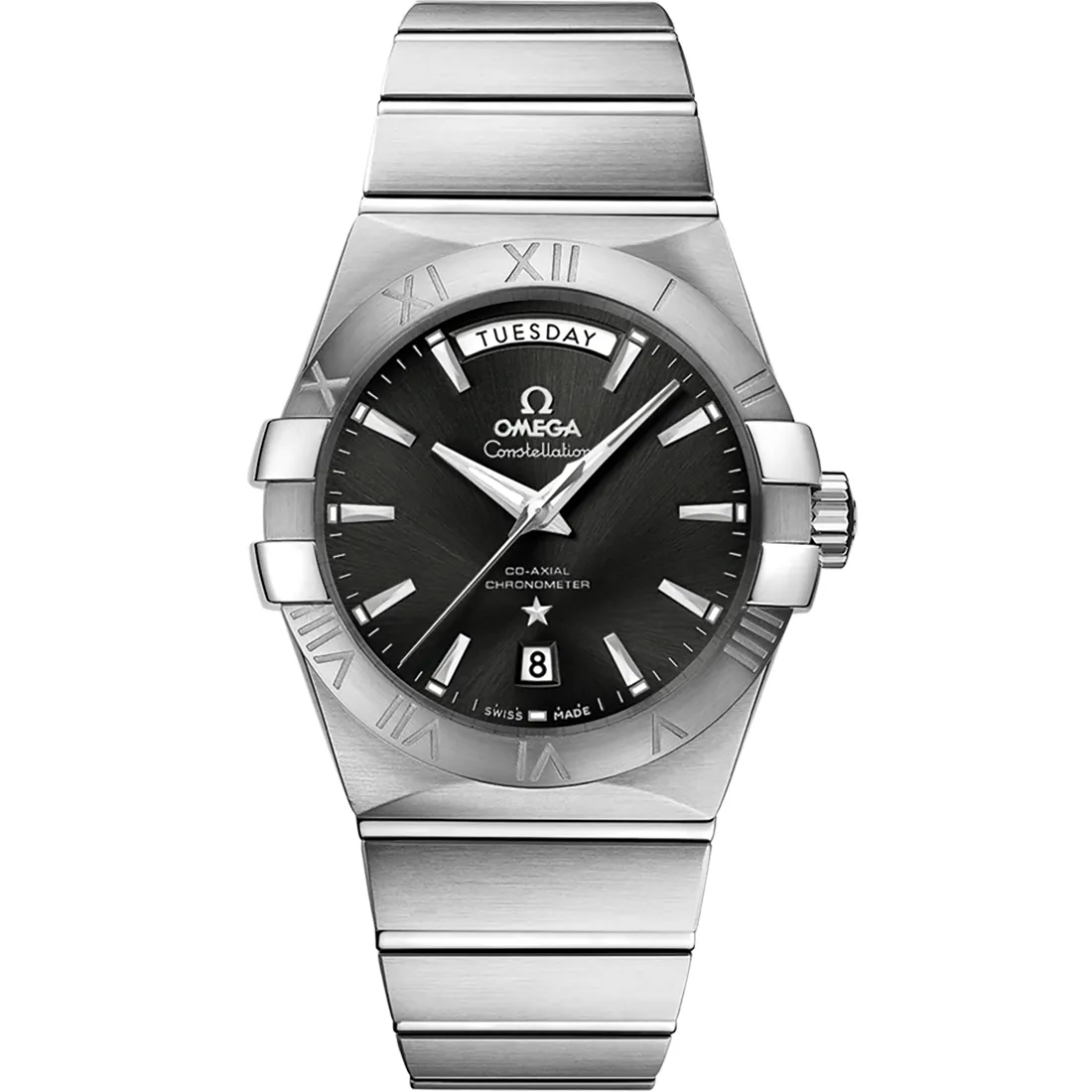 Omega Constellation Co-Axial 38 Day-Date 123.10.38.22, reference 123.10.38.22.01.001, black dial, stainless steel case