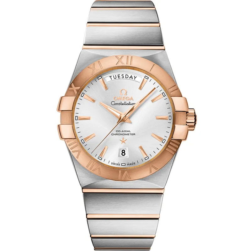 Omega Constellation Co-Axial 38 Day-Date 123.20.38.22, reference 123.20.38.22.02.001, silver dial, stainless steel and rose gold case