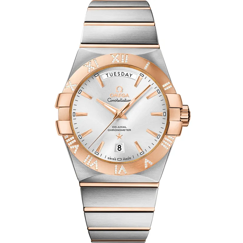 Omega Constellation Co-Axial 38 Day-Date 123.25.38.22, reference 123.25.38.22.02.001, silver dial, stainless steel and rose gold case