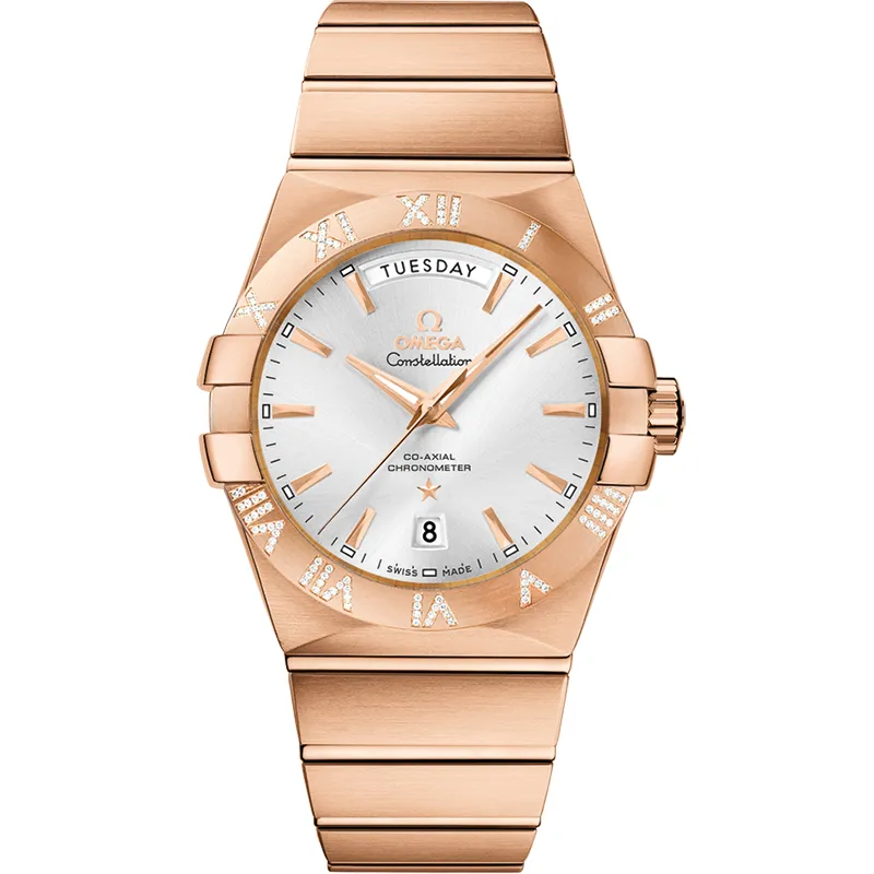 Omega Constellation Co-Axial 38 Day-Date 123.55.38.22, reference 123.55.38.22.02.001, silver dial, rose gold case