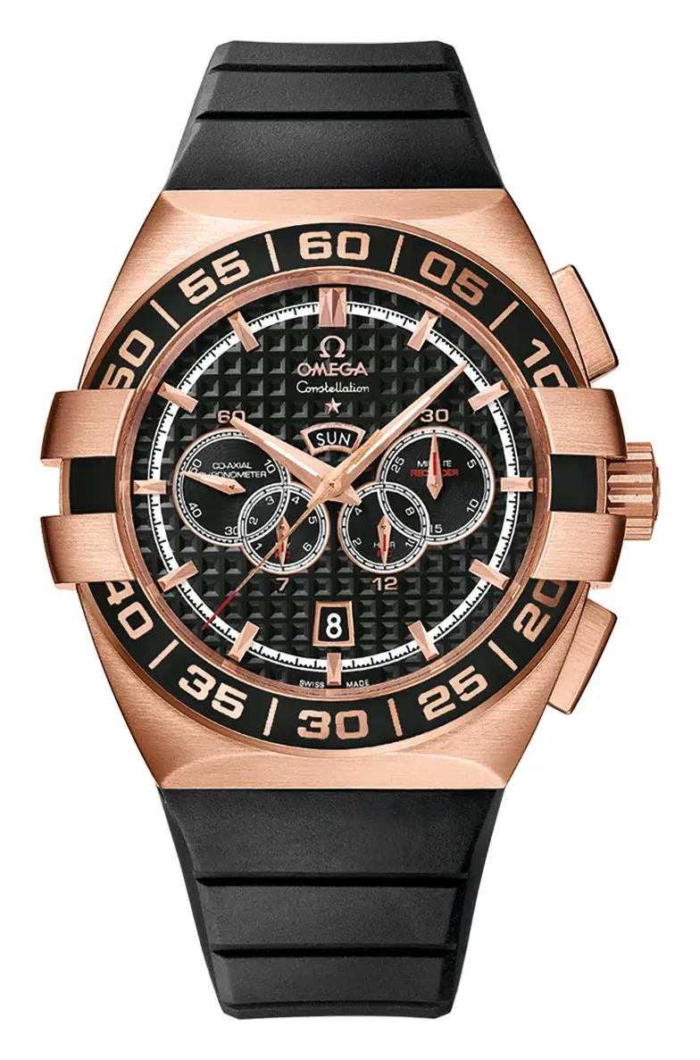 Omega Constellation Co-Axial 44 Chronograph Double Eagle Four Counters 121.62.44.52, reference 121.62.44.52.01.001, black dial, rose gold case