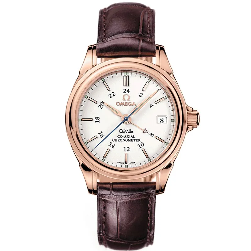 Omega De Ville Co-Axial GMT 35, reference 4662.20.32, white dial, rose gold case