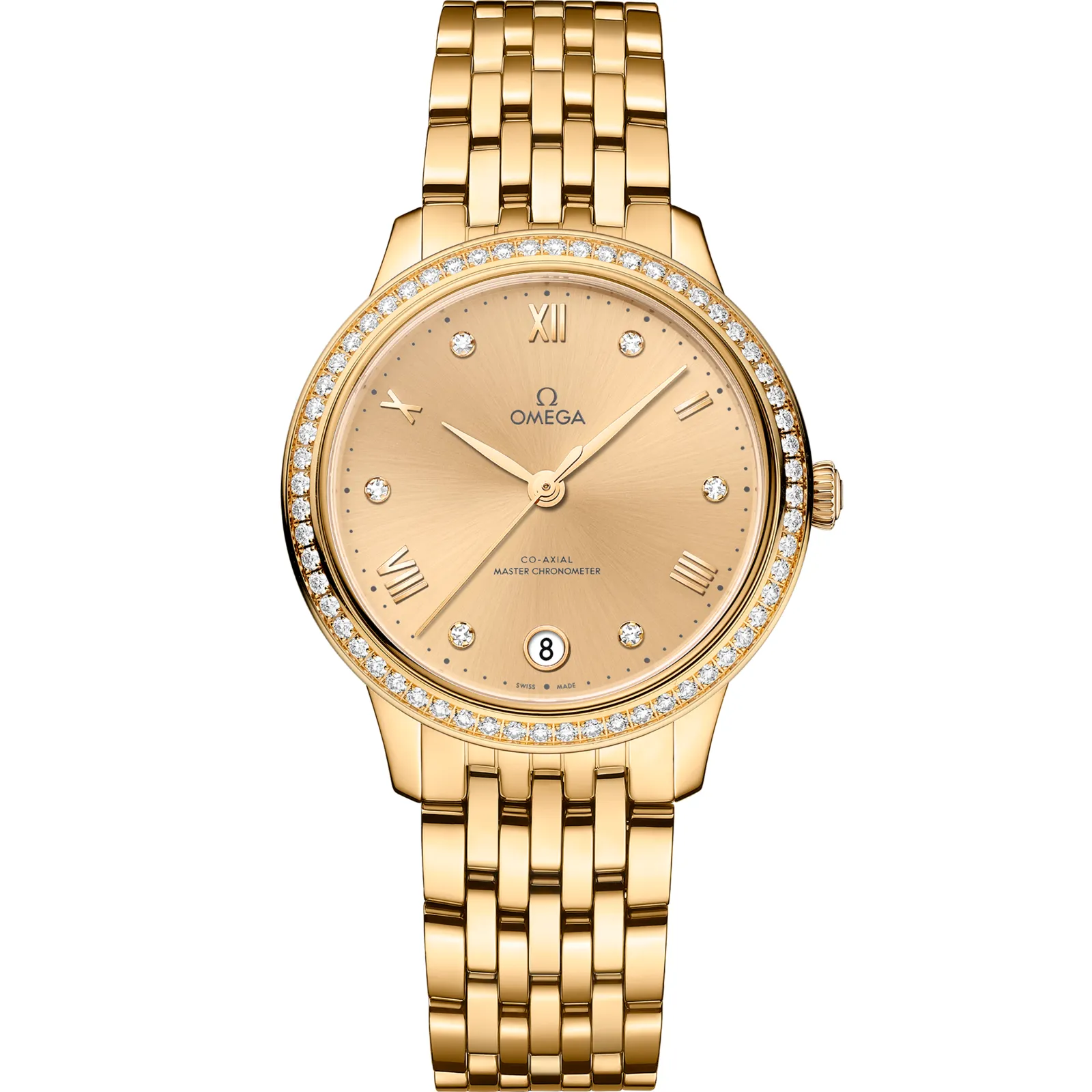 Omega De Ville Master Chronometer 34 Sedna 434.55.34.20, reference 434.55.34.20.58.001, yellow dial, yellow gold case