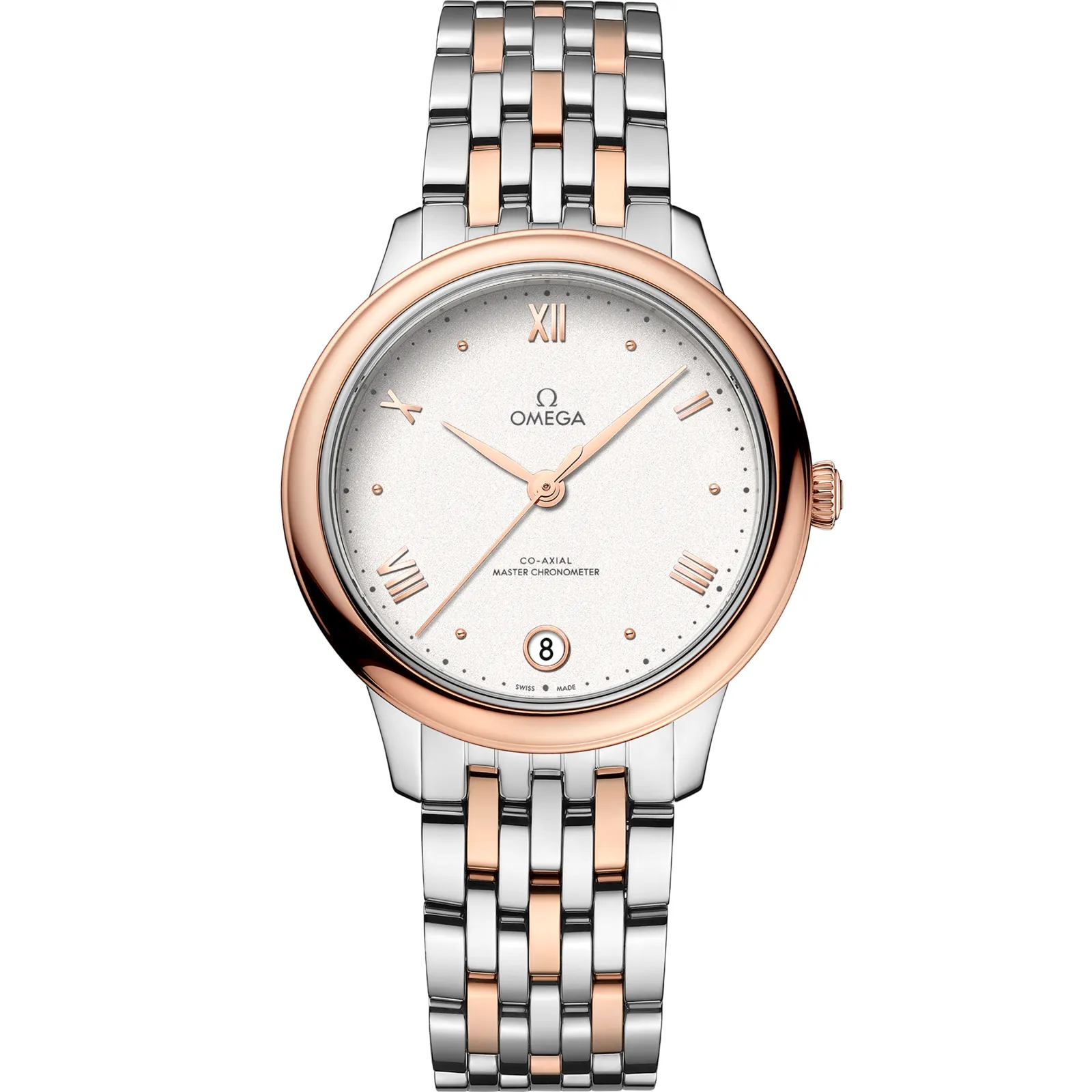 Omega De Ville Master Chronometer 34 Stainless 434.20.34.20, reference 434.20.34.20.02.001, silver dial, stainless steel and rose gold case
