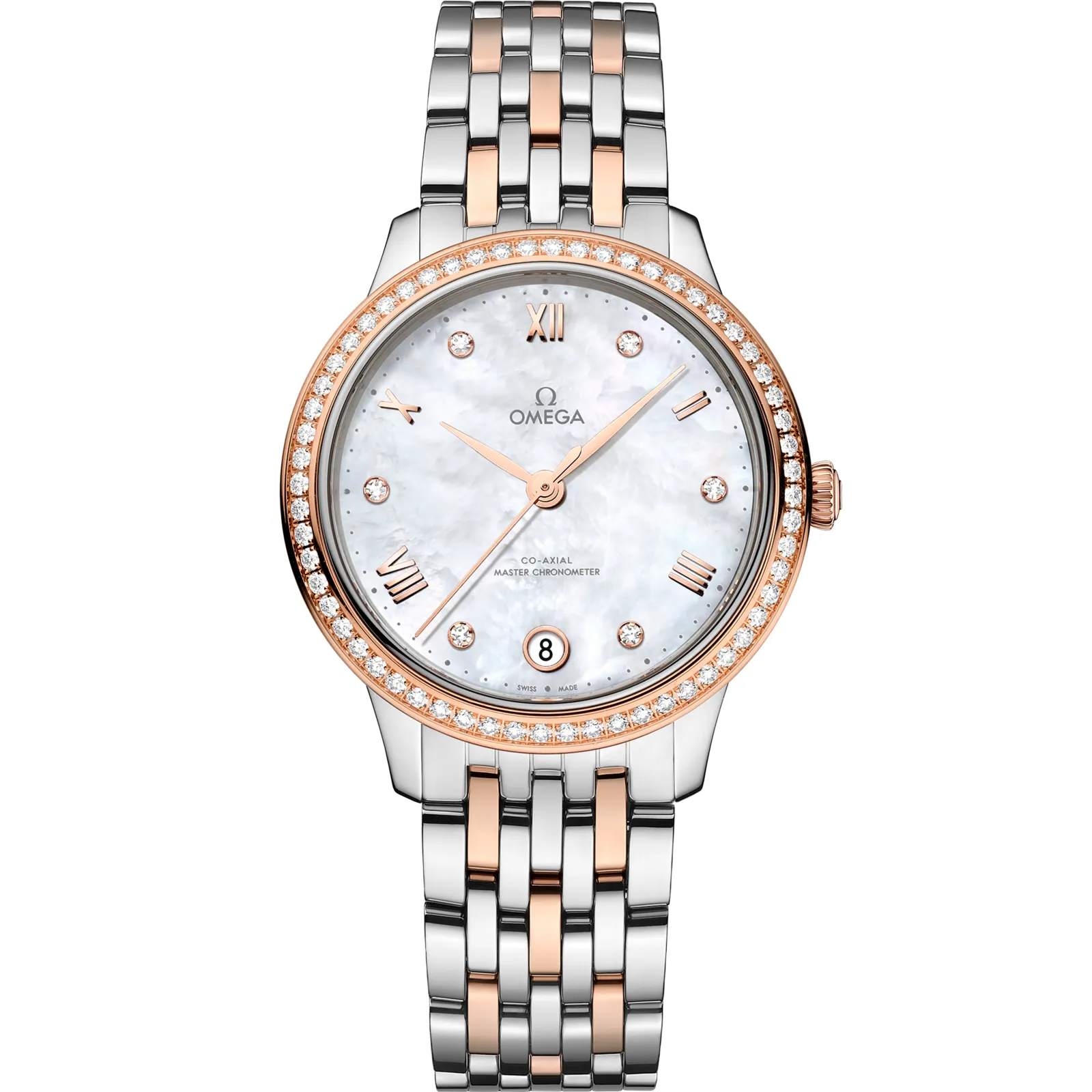 Omega De Ville Master Chronometer 34 Stainless Steel - Yellow, reference 434.25.34.20.55.001, white dial, stainless steel and rose gold case