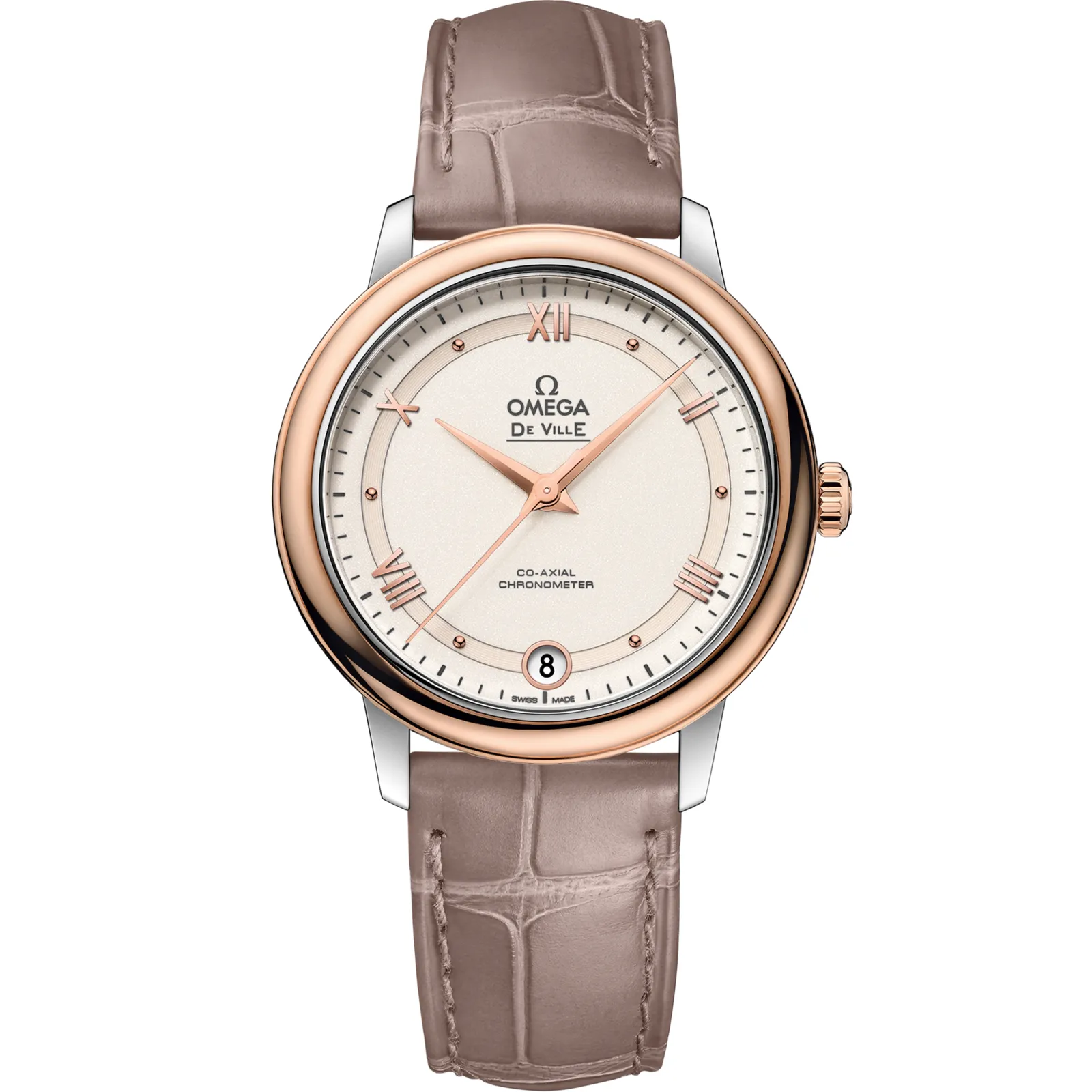 Omega De Ville Prestige Co-Axial 32.7 424.23.33.20, reference 424.23.33.20.09.001, white dial, stainless steel and rose gold case