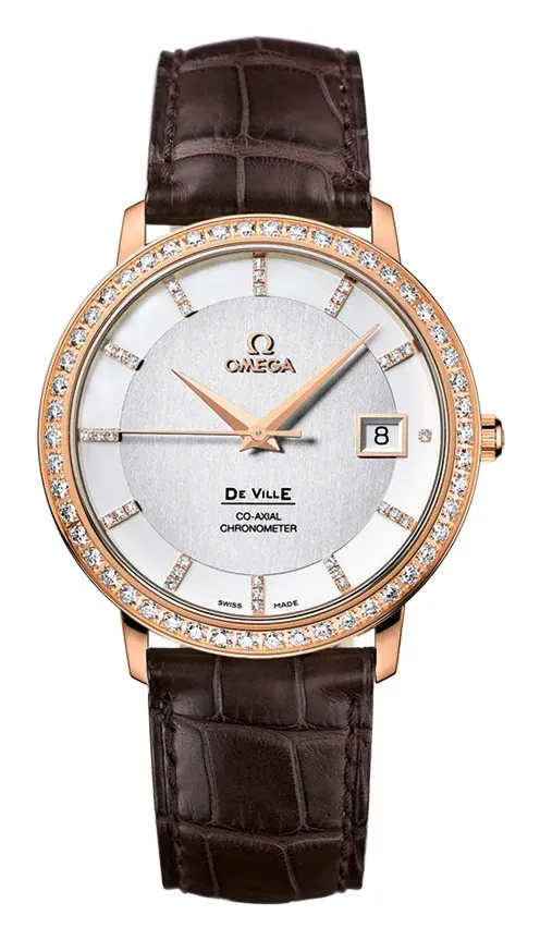 Omega De Ville Prestige Co-Axial 36.5 413.58.37.20, reference 413.58.37.20.52.001, silver dial, rose gold case