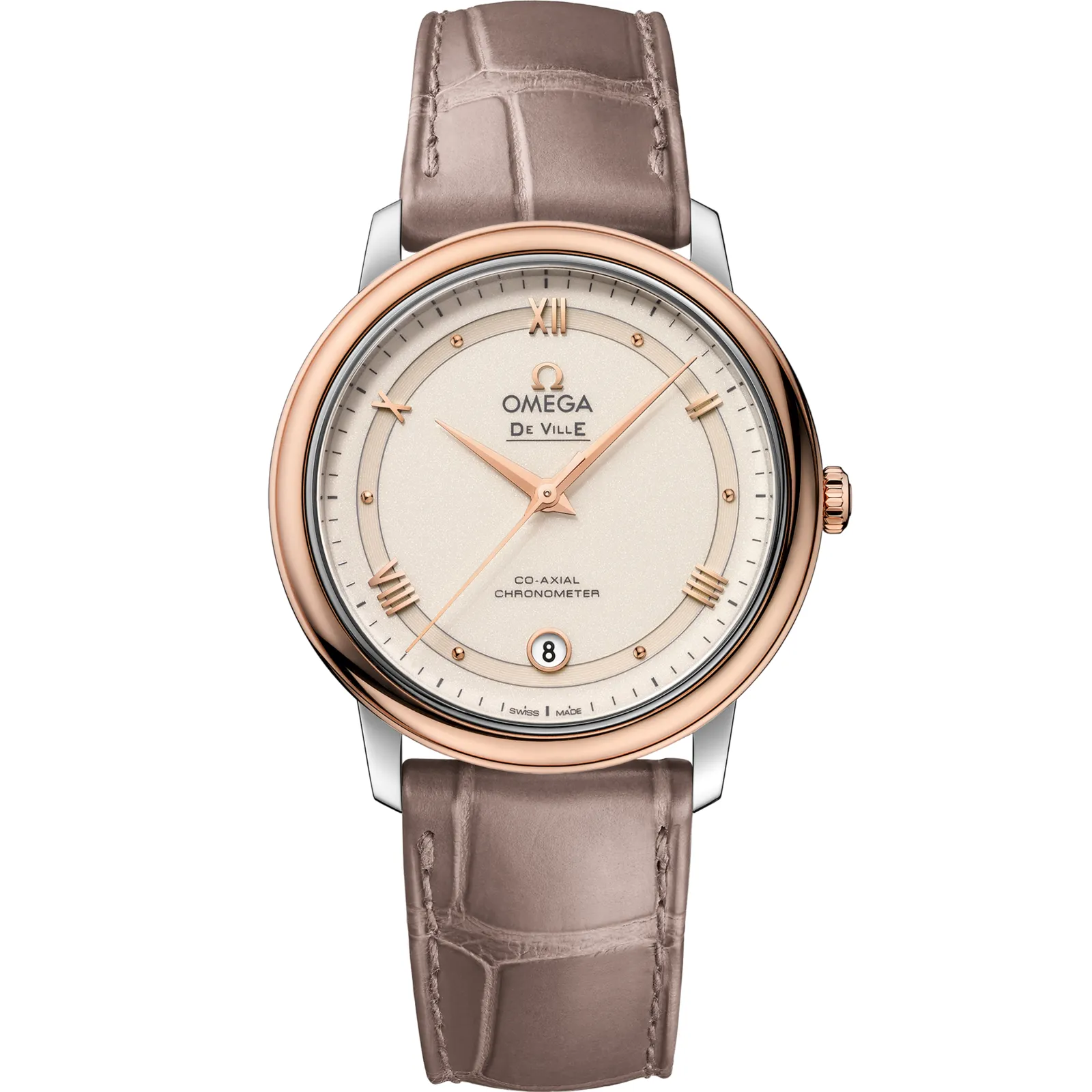 Omega De Ville Prestige Co-Axial 36.8 424.23.37.20, reference 424.23.37.20.09.001, white dial, stainless steel and rose gold case
