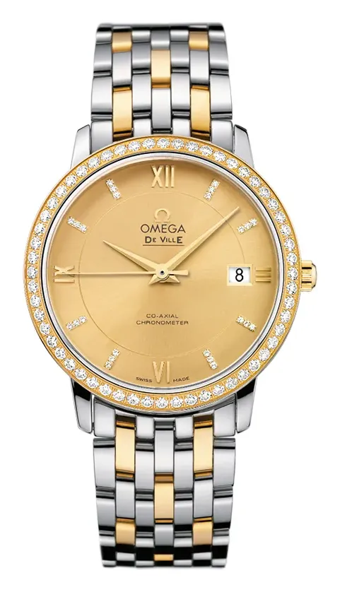 Omega De Ville Prestige Co-Axial 36.8 424.25.37.20, reference 424.25.37.20.58.001, yellow dial, stainless steel and yellow gold case