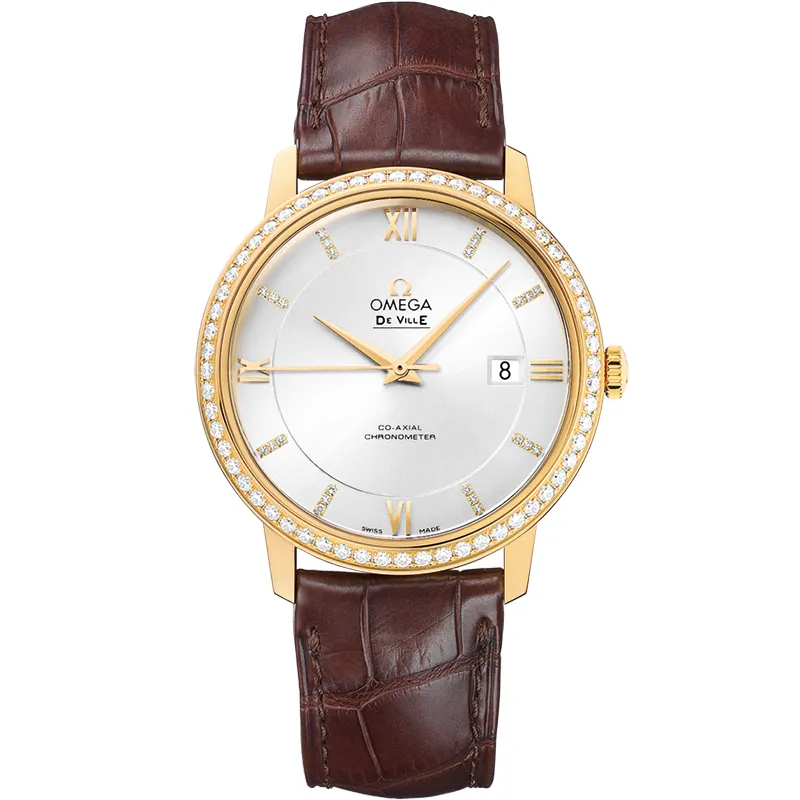 Omega De Ville Prestige Co-Axial 39.5 424.58.40.20, reference 424.58.40.20.52.001, silver dial, yellow gold case