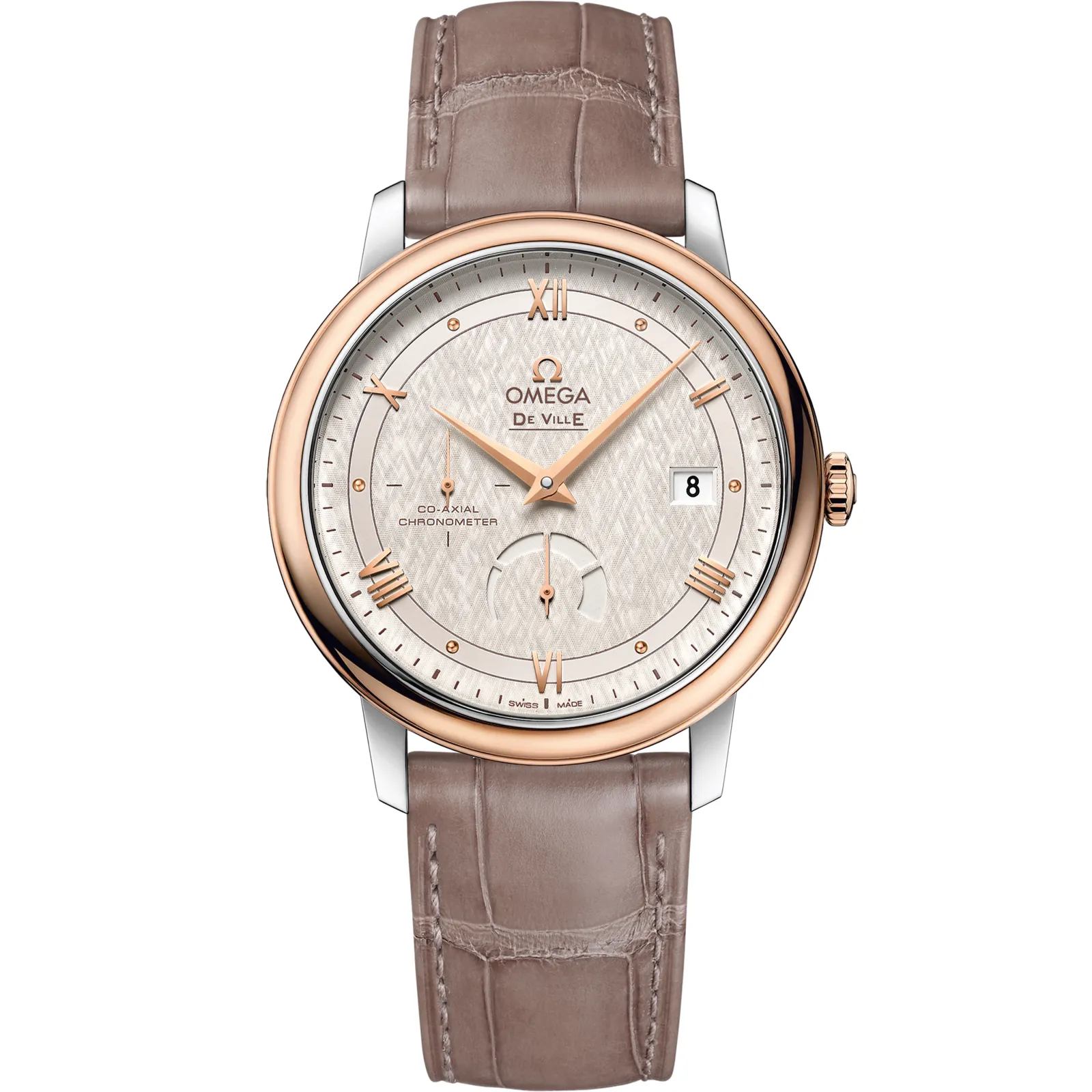 Omega De Ville Prestige Co-Axial 39.5 Power Reserve 424.23.40.21, reference 424.23.40.21.02.001, silver dial, stainless steel and rose gold case
