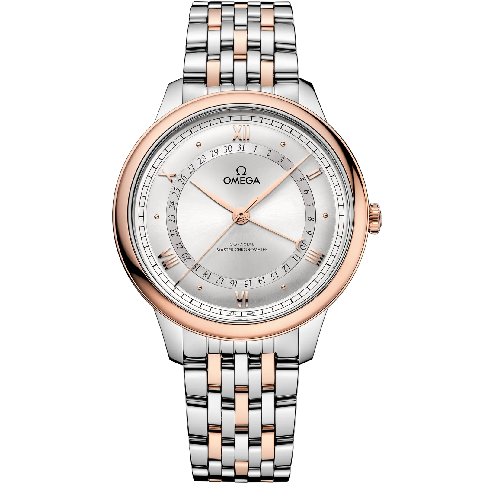 Omega De Ville Prestige Co-Axial Master Chronometer Pointer Date 42, reference 434.20.42.22.02.001, silver dial, stainless steel and rose gold case