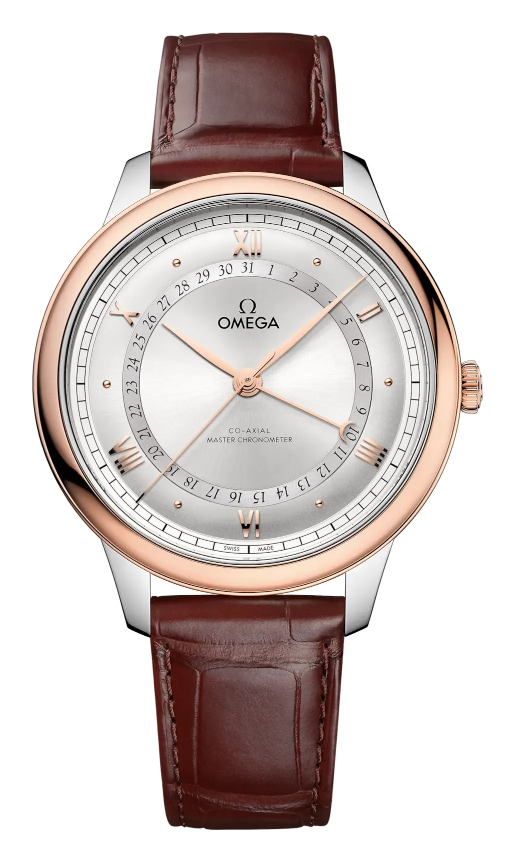 Omega De Ville Prestige Co-Axial Master Chronometer Pointer Date 42 5, reference 434.23.42.22.02.001, silver dial, stainless steel and rose gold case