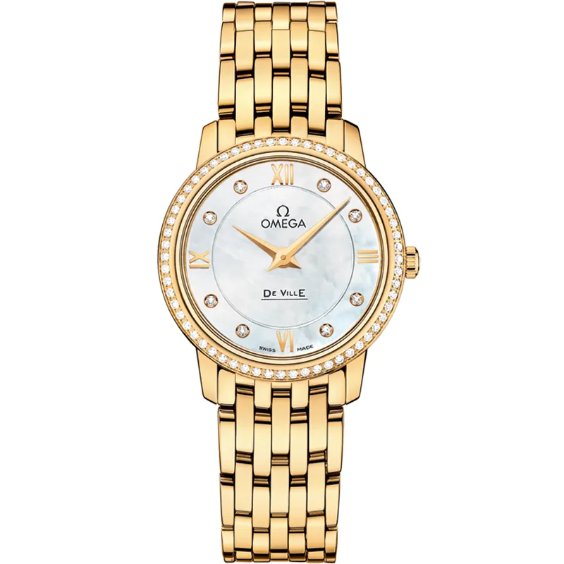 Omega De Ville Prestige Dewdrop Quartz 27.4 424.55.27.60, reference 424.55.27.60.55.001, white dial, yellow gold case
