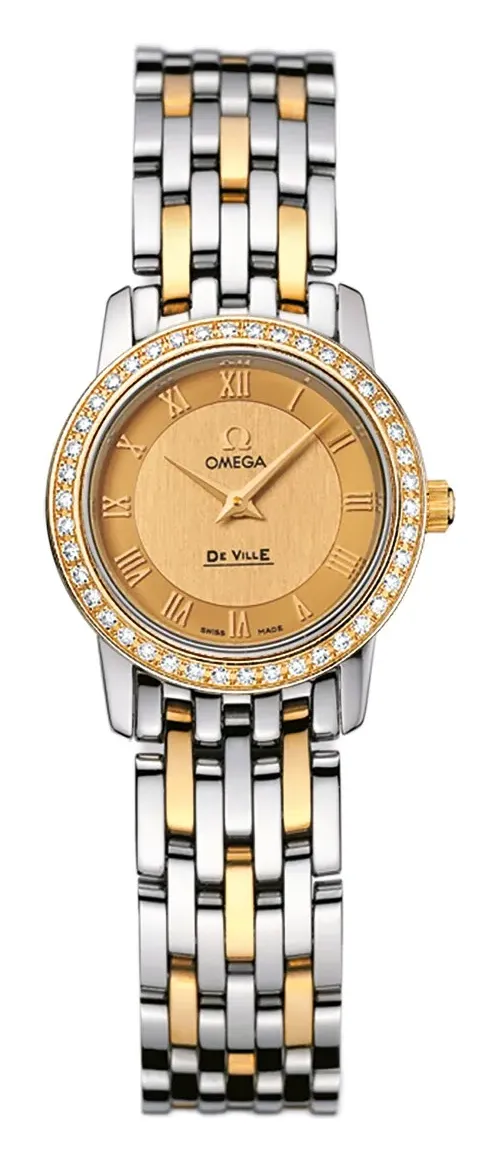 Omega De Ville Prestige Quartz 22 413.25.22.60, reference 413.25.22.60.08.001, yellow dial, stainless steel and yellow gold case