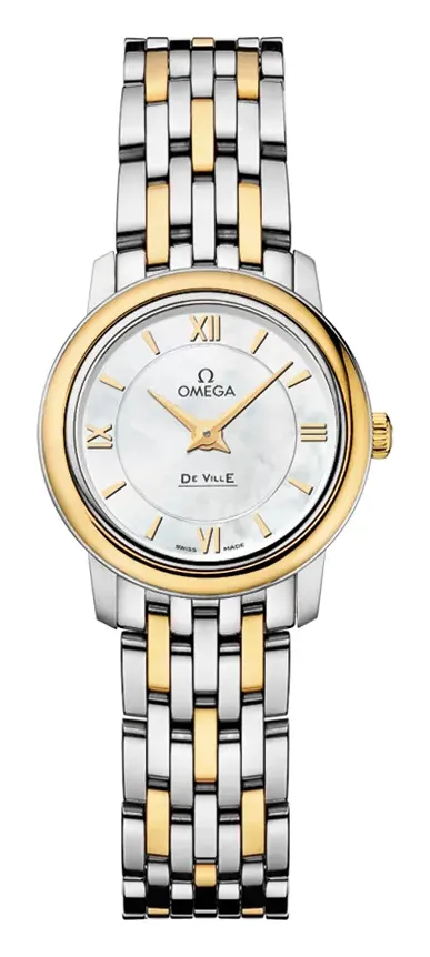 Omega De Ville Prestige Quartz 24.4 424.20.24.60, reference 424.20.24.60.05.001, white dial, stainless steel and yellow gold case