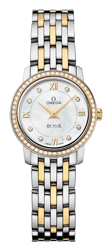 Omega De Ville Prestige Quartz 24.4 424.25.24.60, reference 424.25.24.60.55.001, white dial, stainless steel and yellow gold case