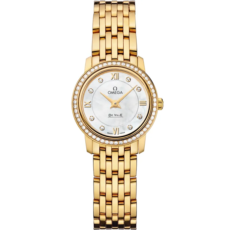 Omega De Ville Prestige Quartz 24.4 424.55.24.60, reference 424.55.24.60.55.001, white dial, yellow gold case