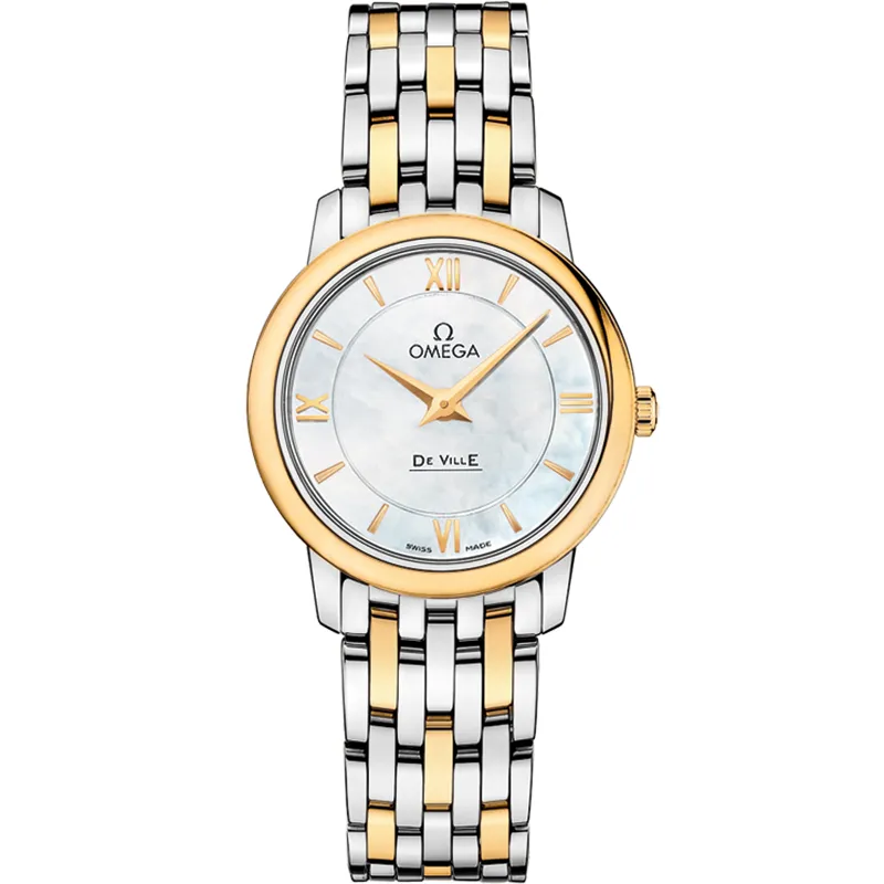 Omega De Ville Prestige Quartz 27.4 424.20.27.60, reference 424.20.27.60.05.001, white dial, stainless steel and yellow gold case