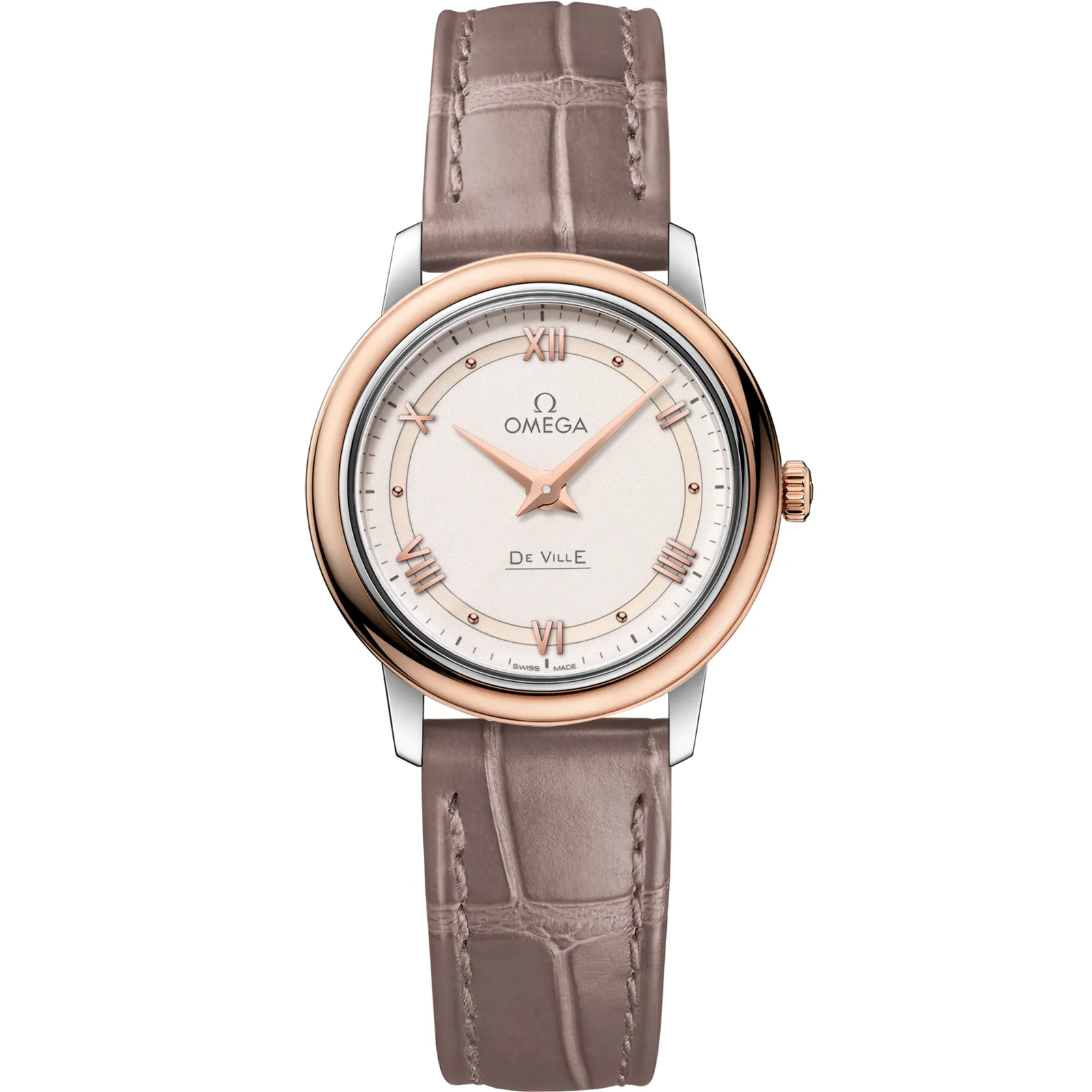 Omega De Ville Prestige Quartz 27.4 424.23.27.60, reference 424.23.27.60.09.001, white dial, stainless steel and rose gold case