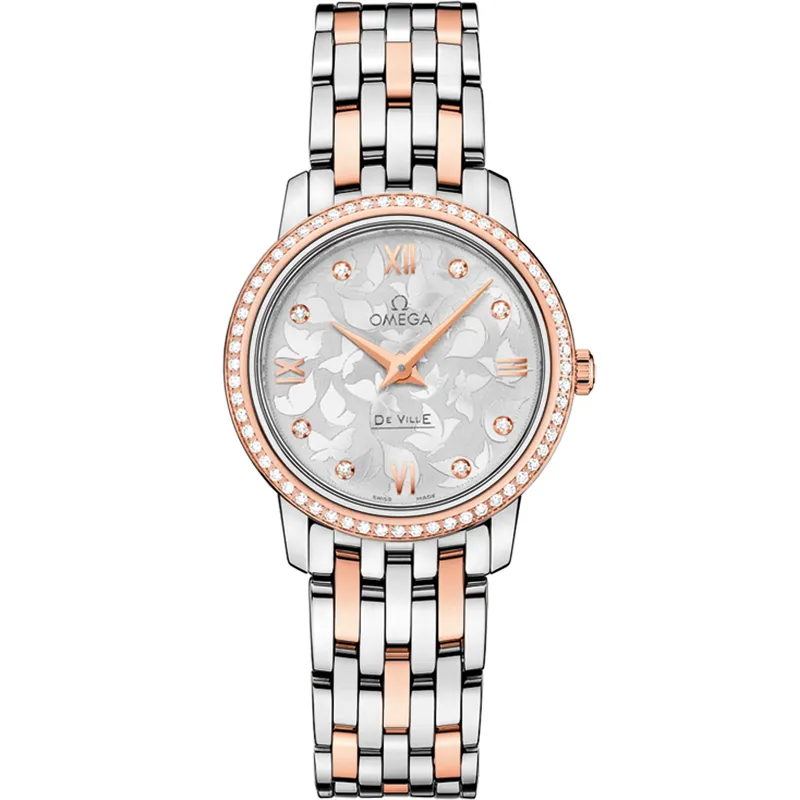 Omega De Ville Prestige Quartz 27.4 424.25.27.60, reference 424.25.27.60.52.001, silver dial, stainless steel and rose gold case