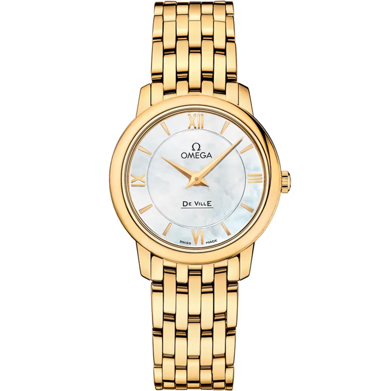 Omega De Ville Prestige Quartz 27.4 424.50.27.60, reference 424.50.27.60.05.001, white dial, yellow gold case