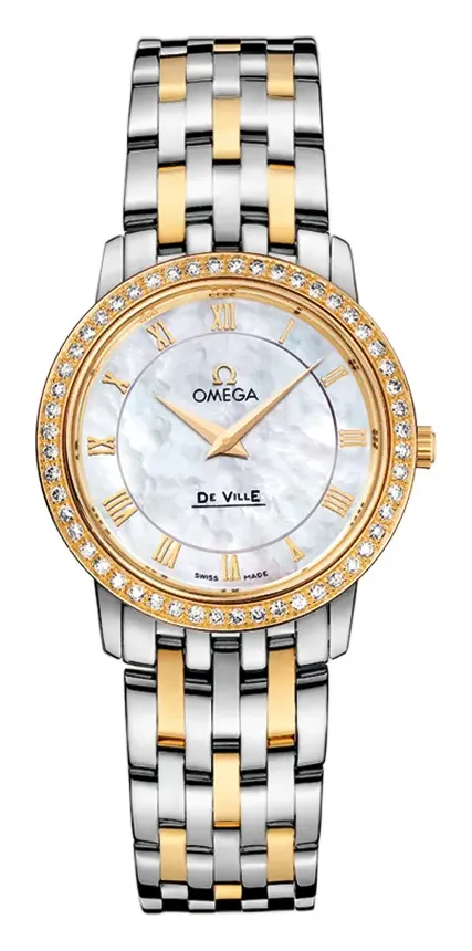 Omega De Ville Prestige Quartz 27 413.25.27.60, reference 413.25.27.60.05.001, white dial, stainless steel and yellow gold case