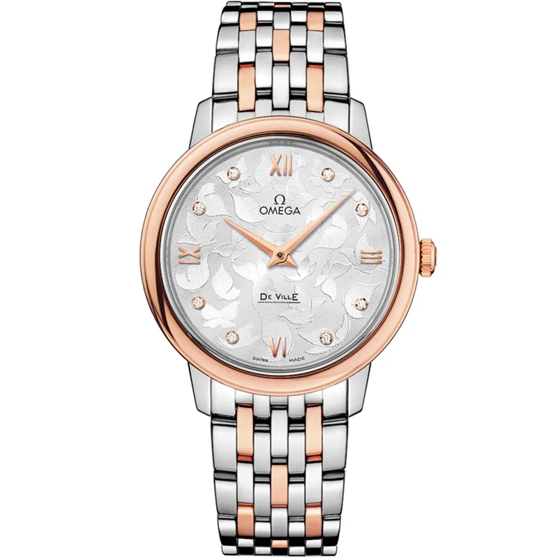 Omega De Ville Prestige Quartz 32.7 Butterfly 424.20.33.60, reference 424.20.33.60.52.001, silver dial, stainless steel and rose gold case