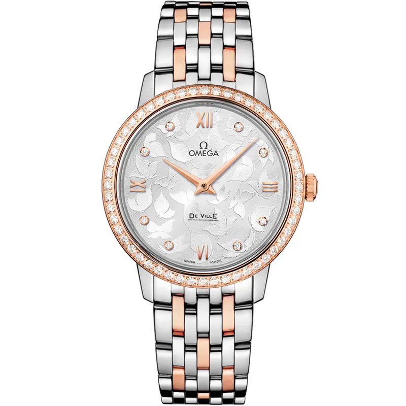 Omega De Ville Prestige Quartz 32.7 Butterfly 424.25.33.60, reference 424.25.33.60.52.001, silver dial, stainless steel and rose gold case
