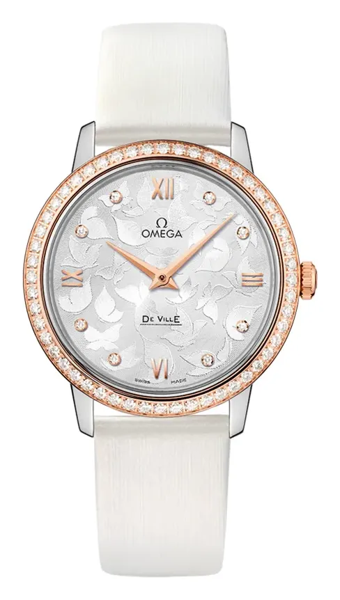 Omega De Ville Prestige Quartz 32.7 Butterfly 424.27.33.60, reference 424.27.33.60.52.001, silver dial, stainless steel and rose gold case