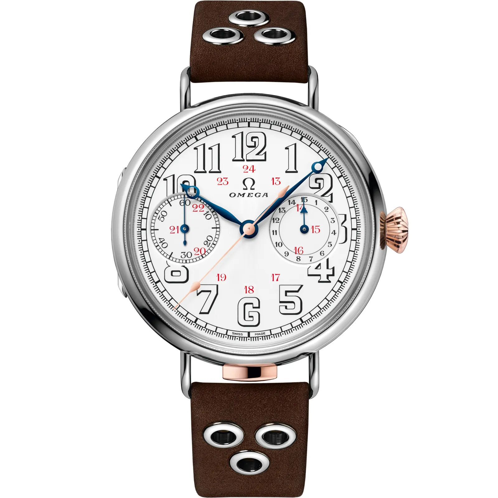 Omega First Omega Wrist Chronograph, reference 516.52.48.30.04.001, white dial, white gold case